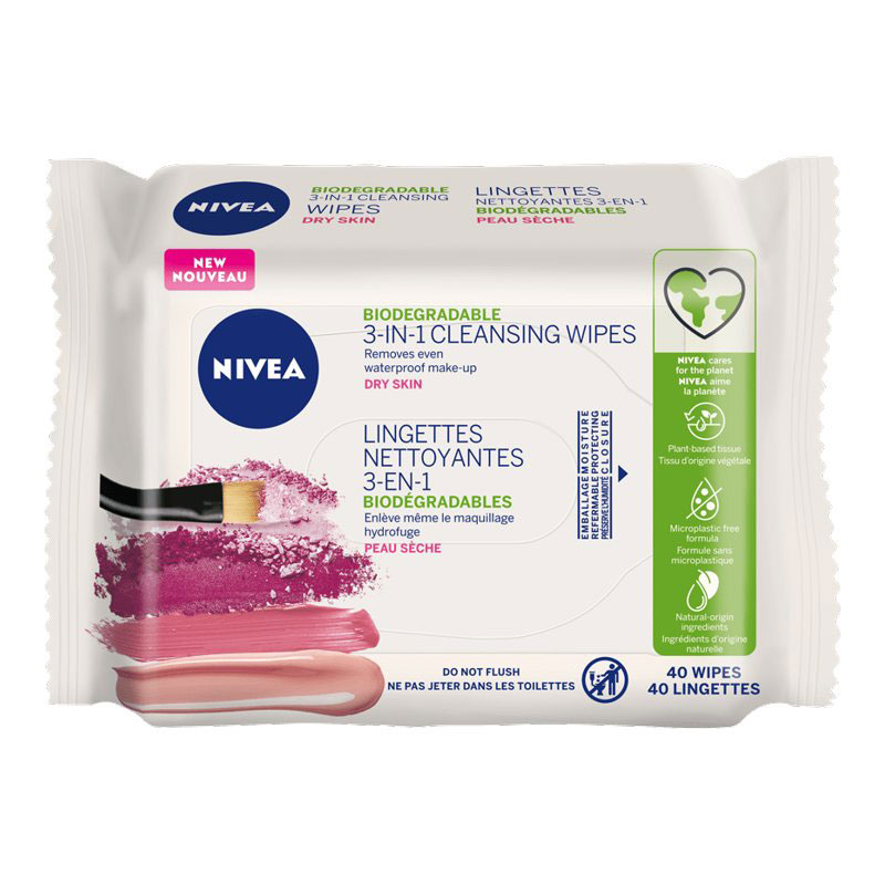 Nivea Biodegradable 3-in-1 Cleaning Wipes - Dry Skin - 40s
