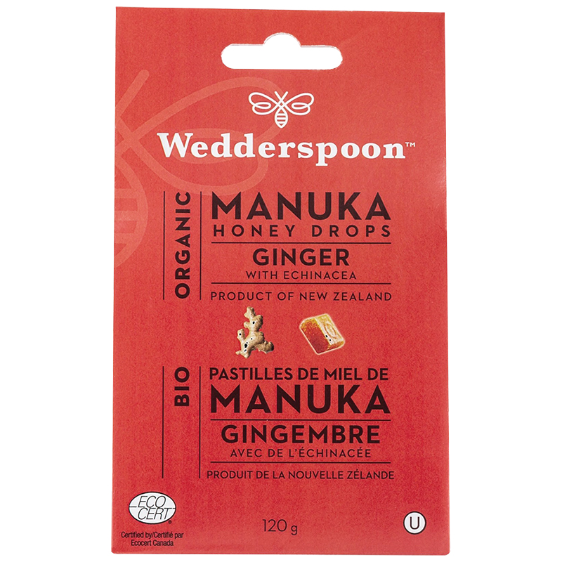 Wedderspoon Organic Manuka Honey Drops- Ginger with Echinacea - 120g