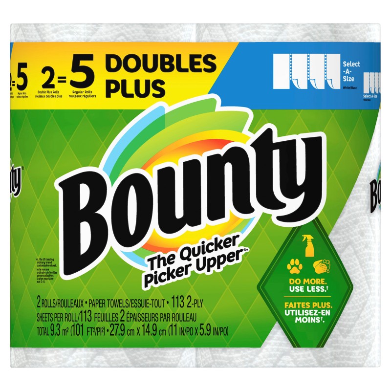 Bounty Towels Select-A-Size Paper Towels - 2 Double Plus Rolls = 5 Regular Rolls