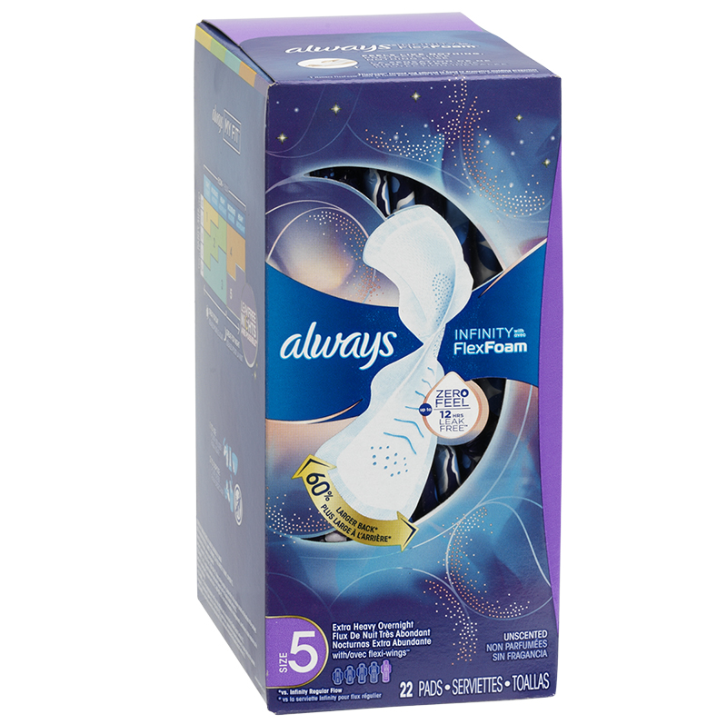 Always InFinity FlexFoam Pads With Wings Extra Heavy Overnight Absorbency  Size 5 Unscented, 30 count - Baker's