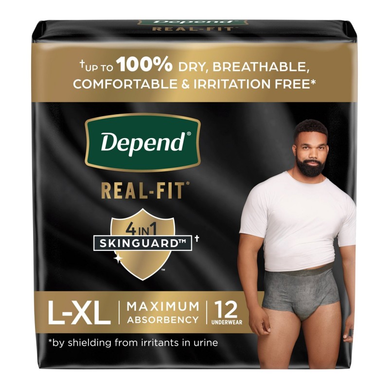 Depend Real Fit Incontinence Pants for Men - Maximum - Large/Extra Large - Grey/Black - 12's