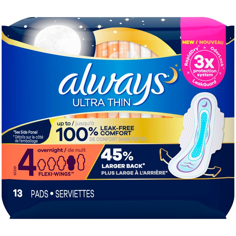 Always Ultra Thin Overnight Pads - Size 4 - 13s