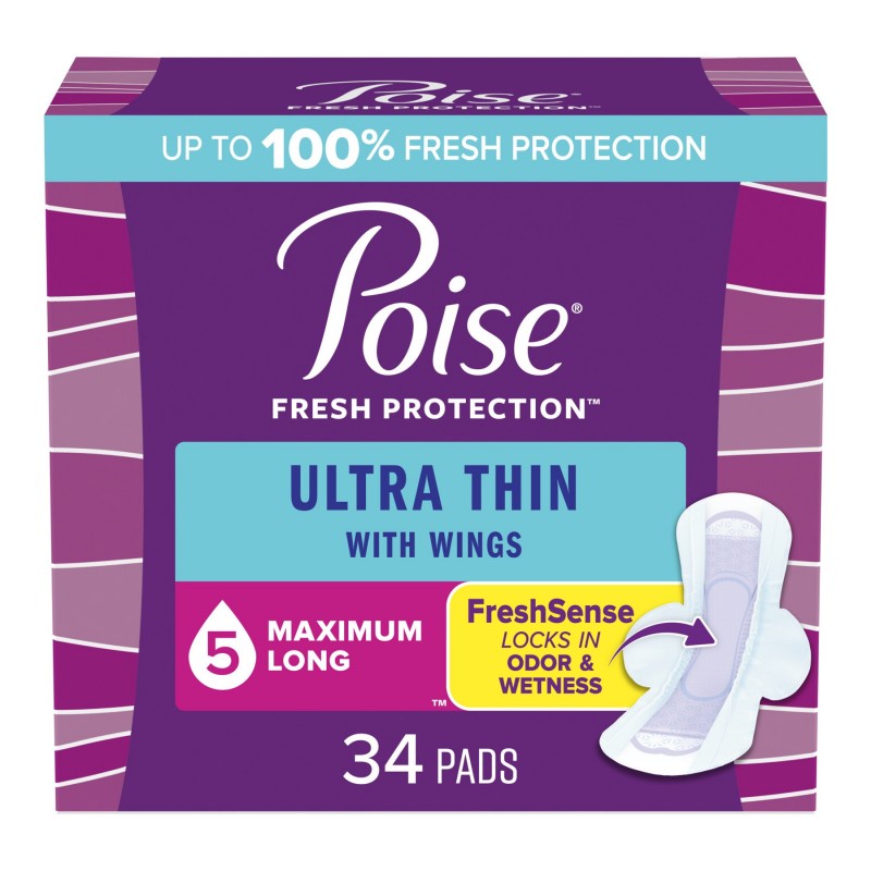 Poise Ultra Thin Long Length Incontinence & Postpartum Pads With Wings - Maxium Absorbency - 34 Count